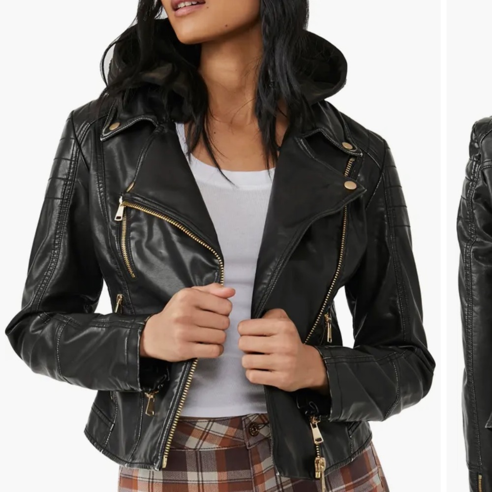 FREE PEOPLE Harriett Hooded Faux Leather Moto Jacket